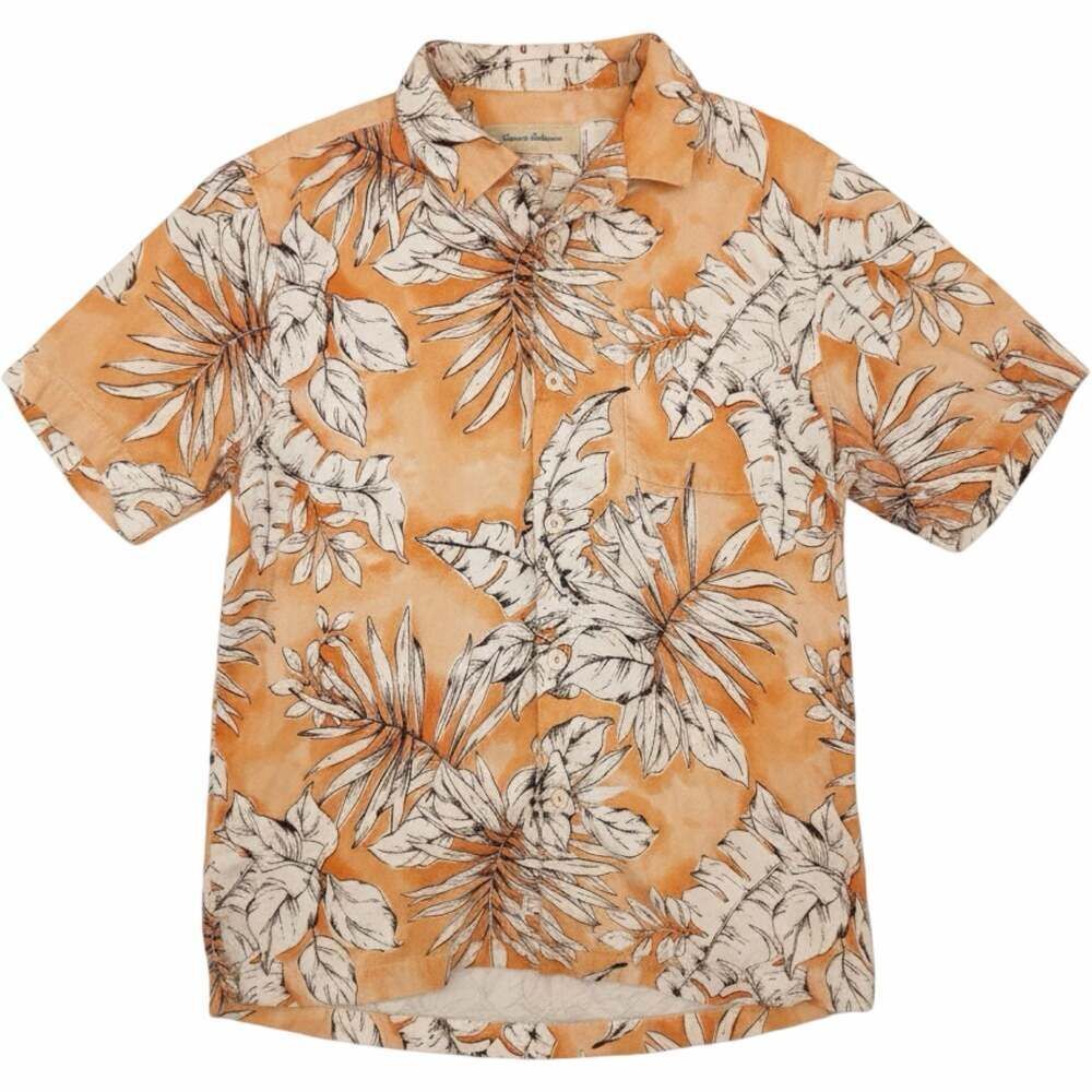 Tommy Bahama Silk Tropical Camp Shirt Medium Orange Palm Leaf Print